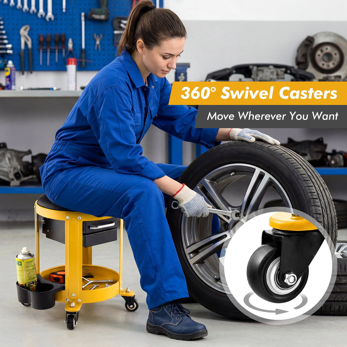 Rolling Mechanic Stool with Removable Padded Seat and Drawers-Yellow view 8