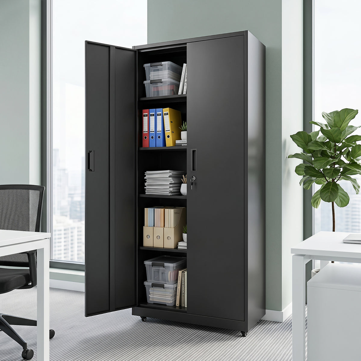 Rolling Metal Storage Cabinet 73 Inches Lockable File Cabinet with 4 Smooth Wheels-Black view 2
