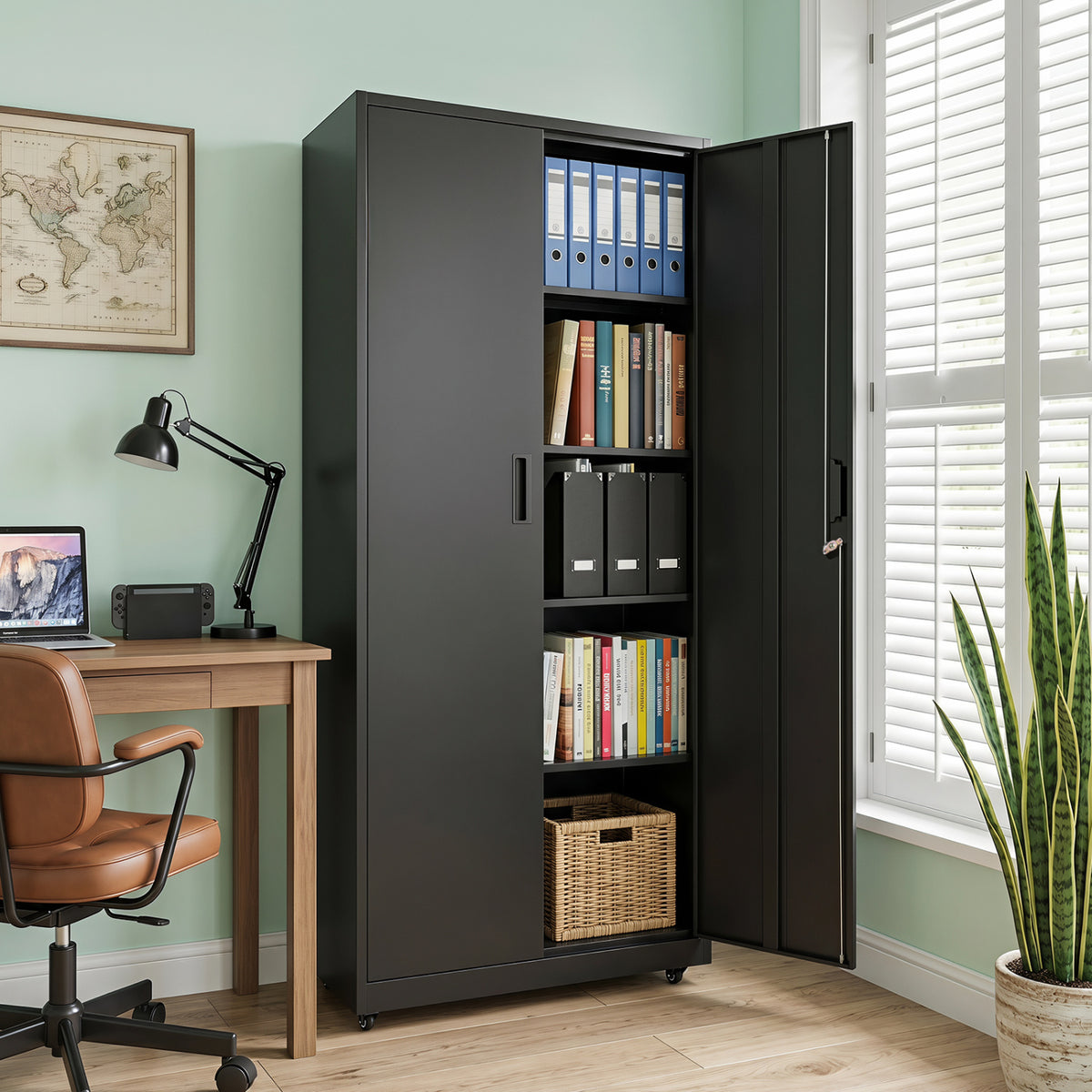 Rolling Metal Storage Cabinet 73 Inches Lockable File Cabinet with 4 Smooth Wheels-Black view 3
