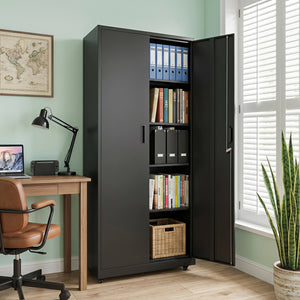 Rolling Metal Storage Cabinet 73 Inches Lockable File Cabinet with 4 Smooth Wheels-Black view 3