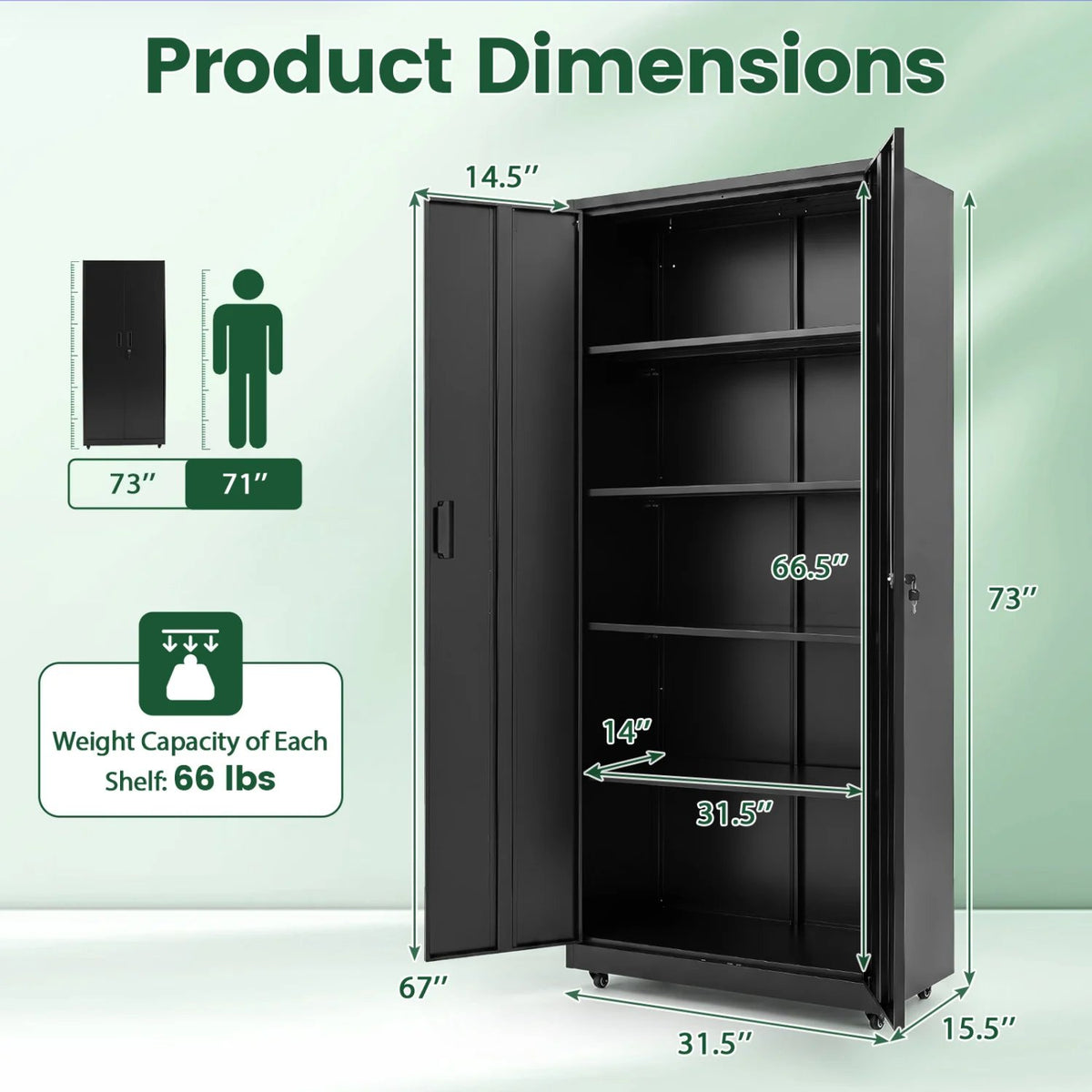Rolling Metal Storage Cabinet 73 Inches Lockable File Cabinet with 4 Smooth Wheels-Black view 5