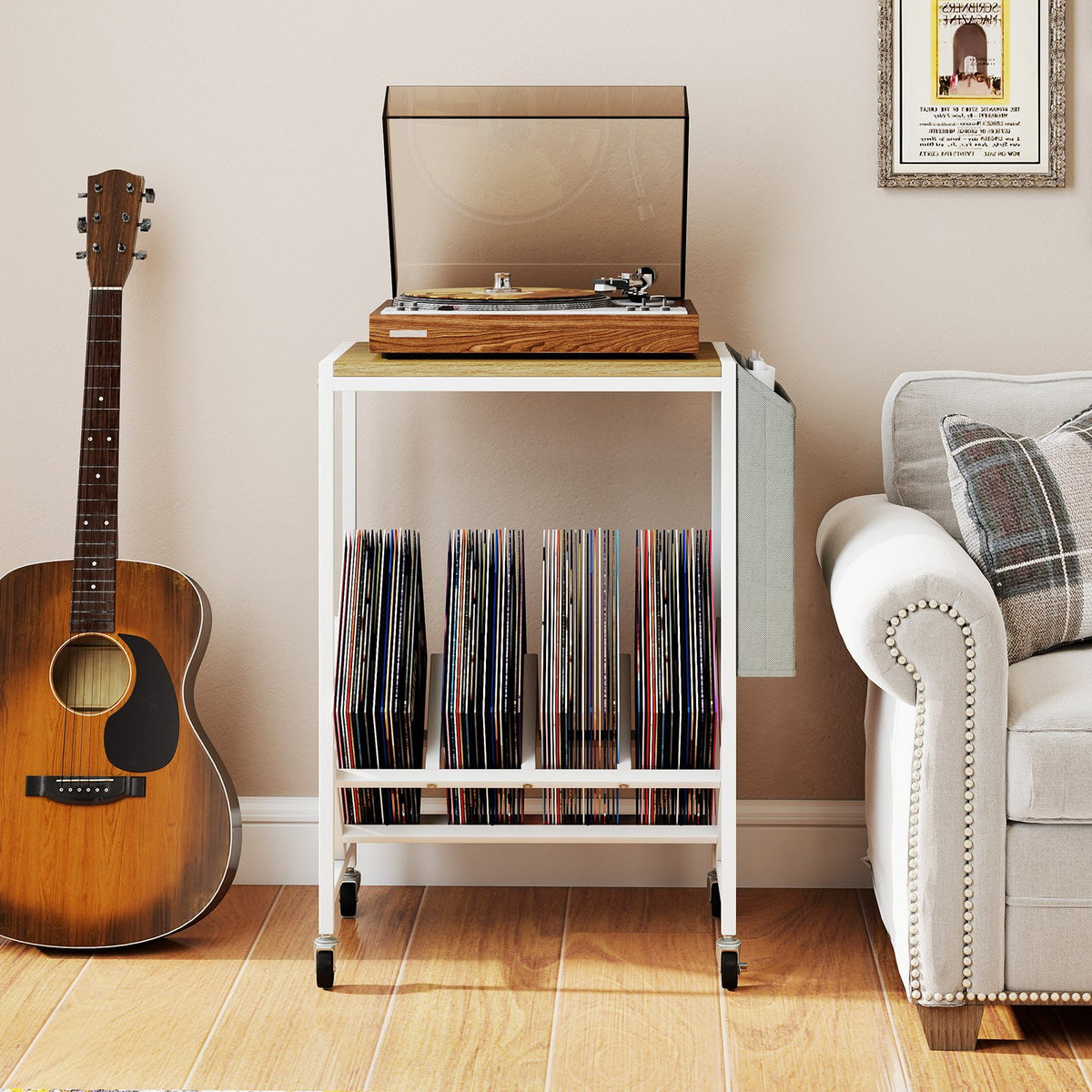 Rolling Record Player Stand 2-Tier with Vinyl Storage and Magazine Holder Bag-Natural view 2