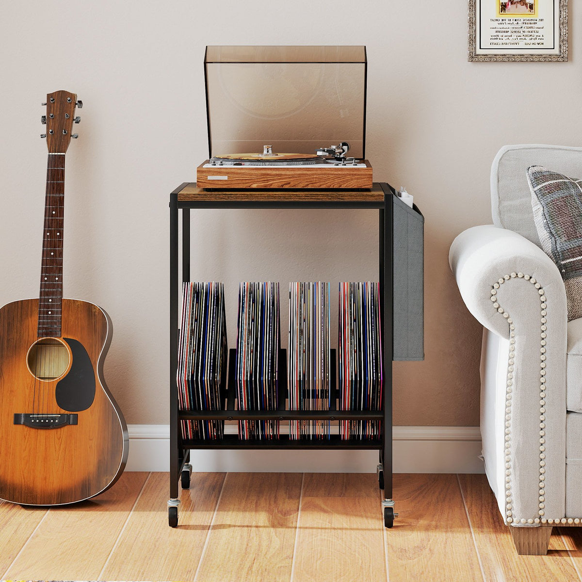 Rolling Record Player Stand 2-Tier with Vinyl Storage and Magazine Holder Bag-Rustic Brown view 2