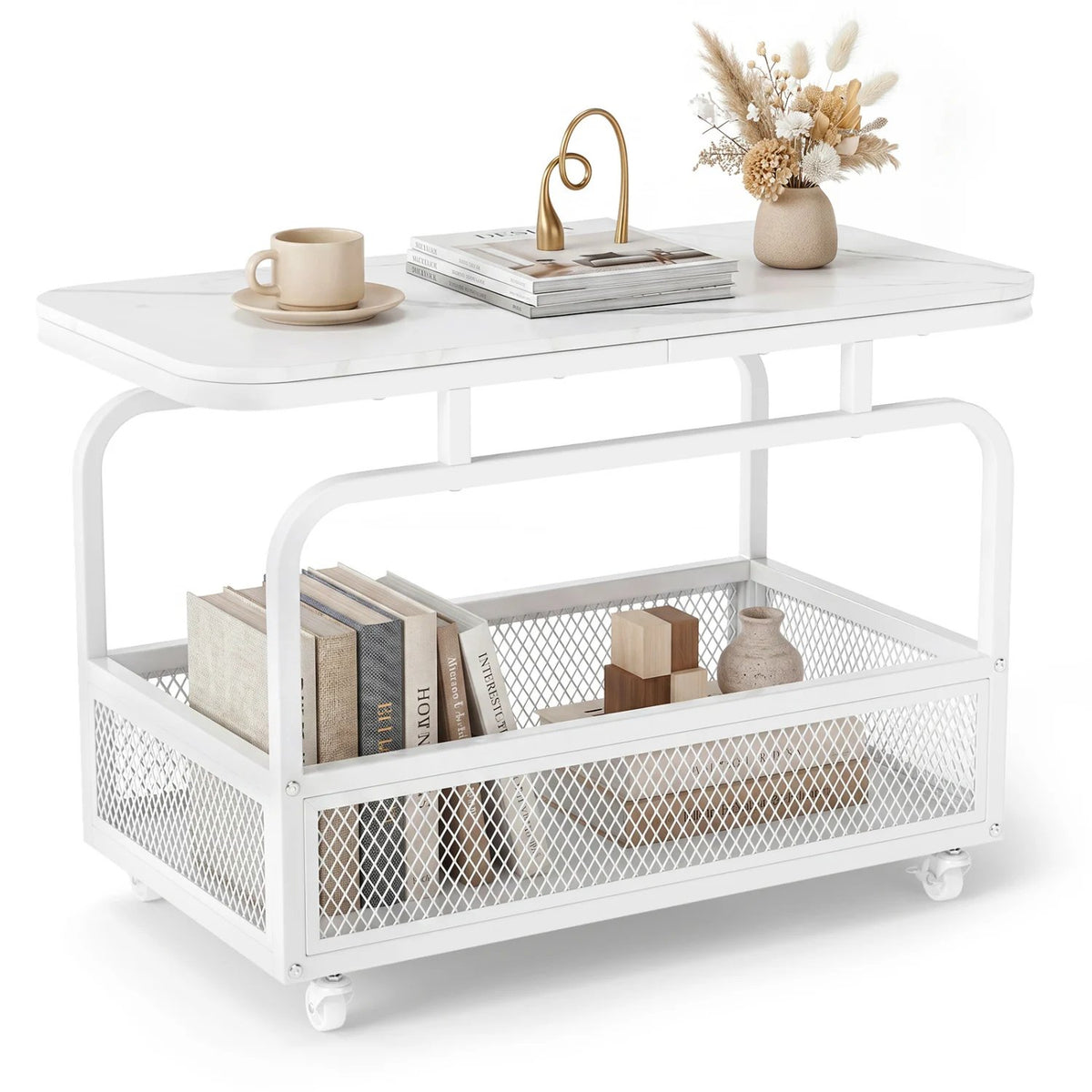 Rolling Side Table 2-Tier Narrow End Table with Mesh Storage Basket-White