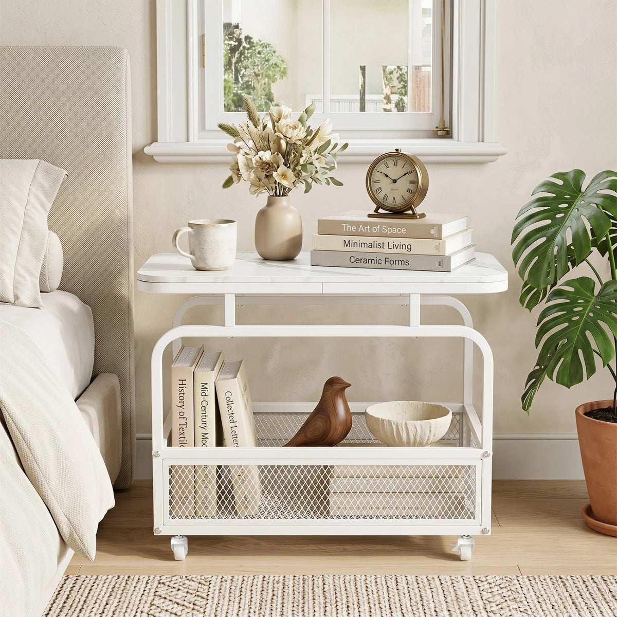 Rolling Side Table 2-Tier Narrow End Table with Mesh Storage Basket-White view 2