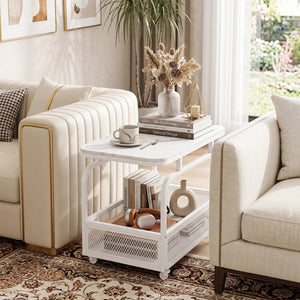 Rolling Side Table 2-Tier Narrow End Table with Mesh Storage Basket-White view 3