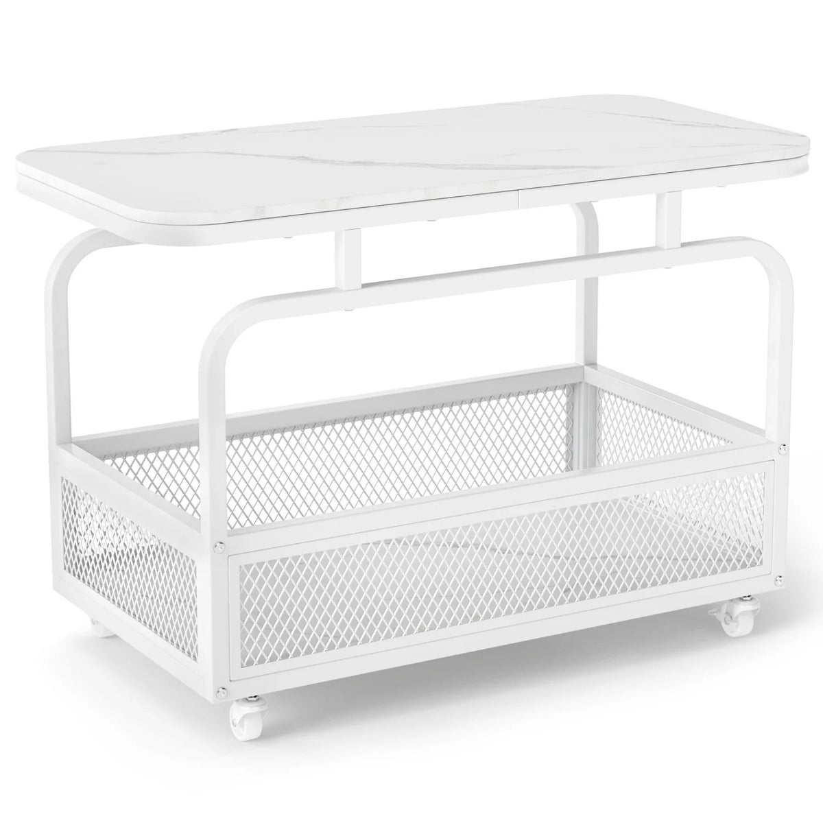 Rolling Side Table 2-Tier Narrow End Table with Mesh Storage Basket-White view 4