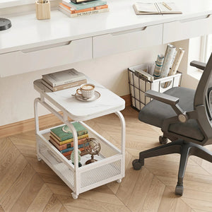 Rolling Side Table 2-Tier Narrow End Table with Mesh Storage Basket-White view 6