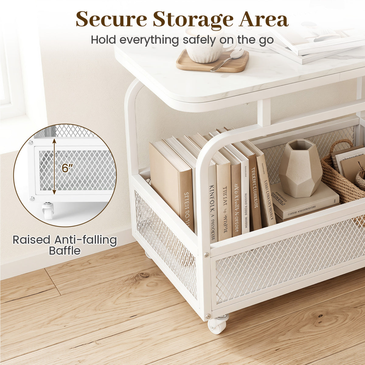 Rolling Side Table 2-Tier Narrow End Table with Mesh Storage Basket-White view 8