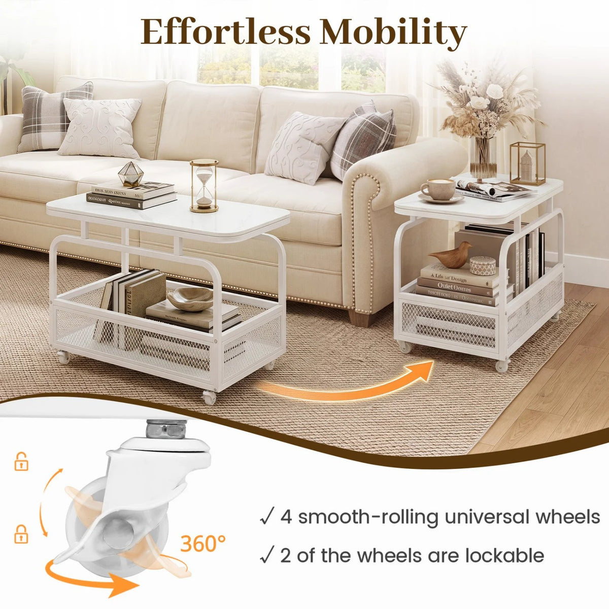Rolling Side Table 2-Tier Narrow End Table with Mesh Storage Basket-White view 9