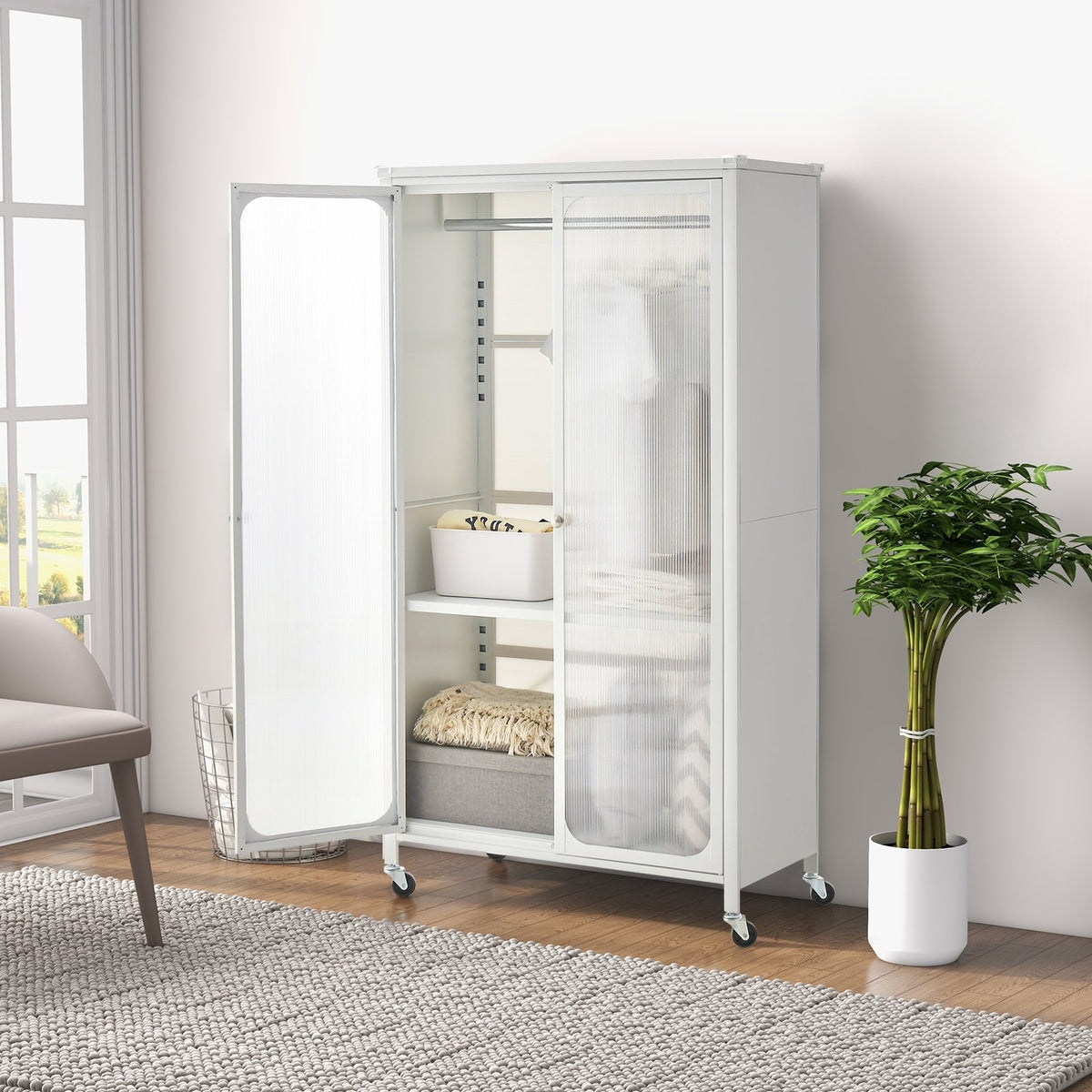 Rolling Storage Armoire Closet with Hanging Rod and Adjustable Shelf-White view 3