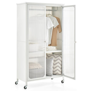 Rolling Storage Armoire Closet with Hanging Rod and Adjustable Shelf-White view 4