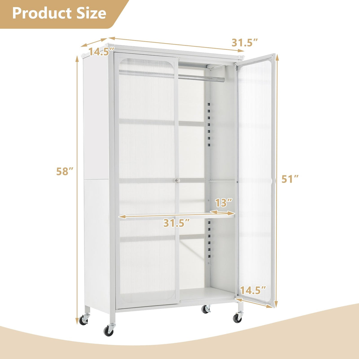 Rolling Storage Armoire Closet with Hanging Rod and Adjustable Shelf-White view 5