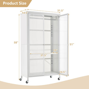 Rolling Storage Armoire Closet with Hanging Rod and Adjustable Shelf-White view 5