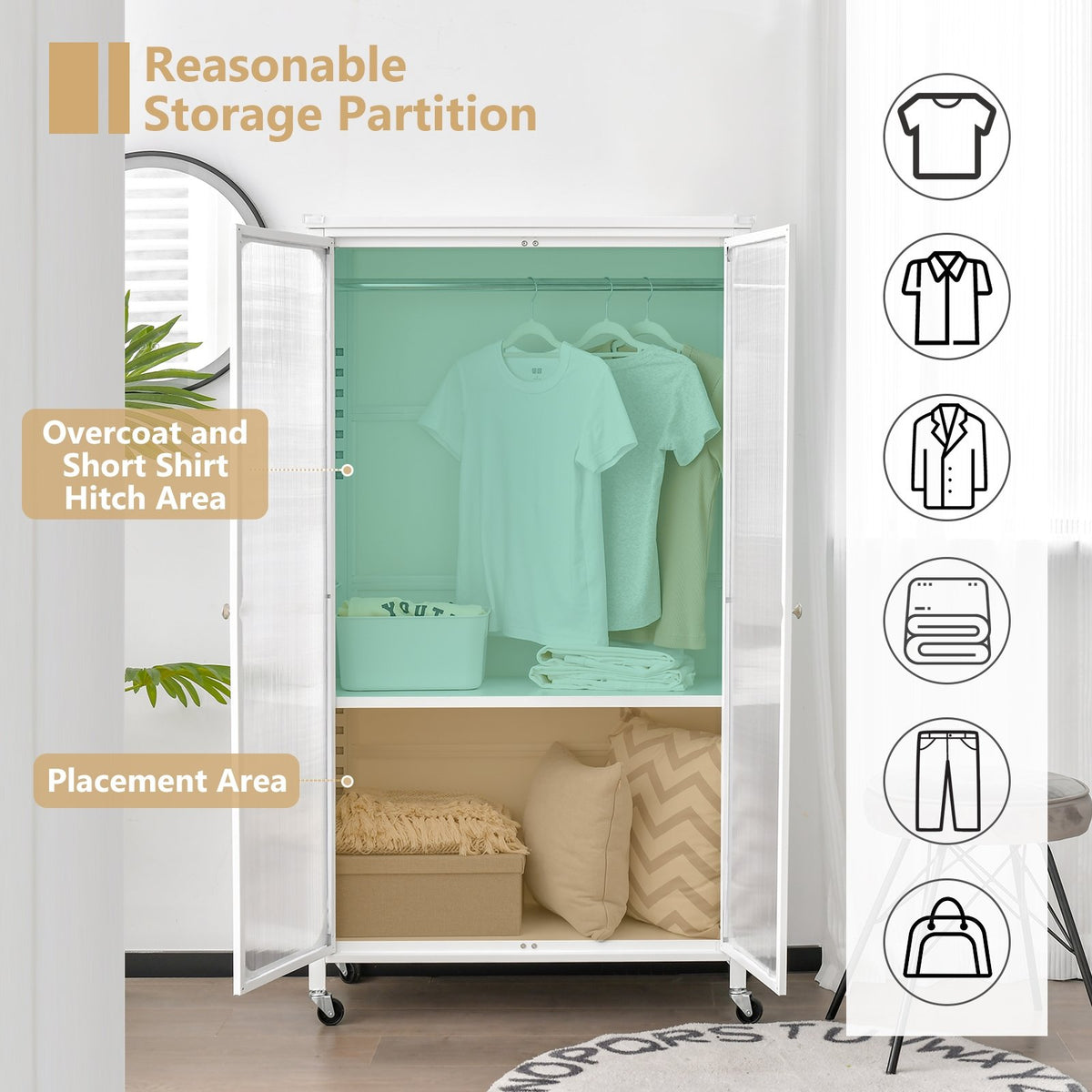 Rolling Storage Armoire Closet with Hanging Rod and Adjustable Shelf-White view 6