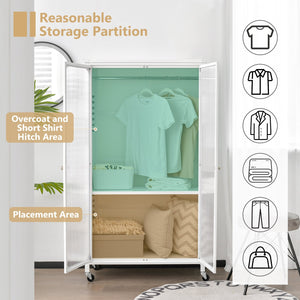 Rolling Storage Armoire Closet with Hanging Rod and Adjustable Shelf-White view 6