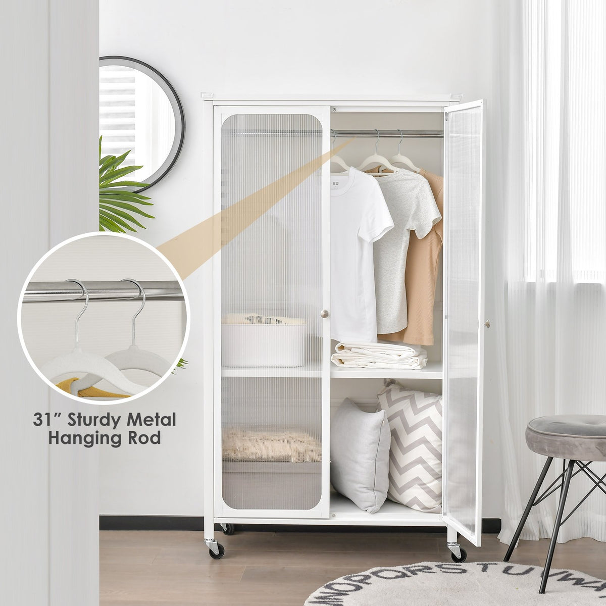 Rolling Storage Armoire Closet with Hanging Rod and Adjustable Shelf-White view 7