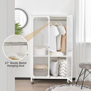 Rolling Storage Armoire Closet with Hanging Rod and Adjustable Shelf-White view 7