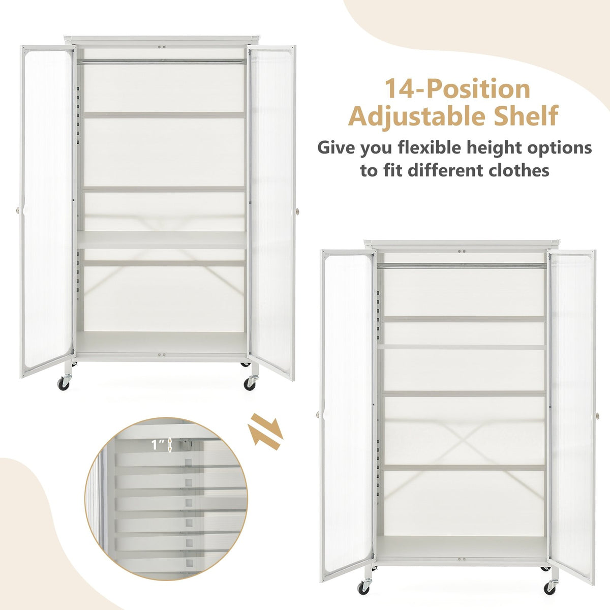 Rolling Storage Armoire Closet with Hanging Rod and Adjustable Shelf-White view 8