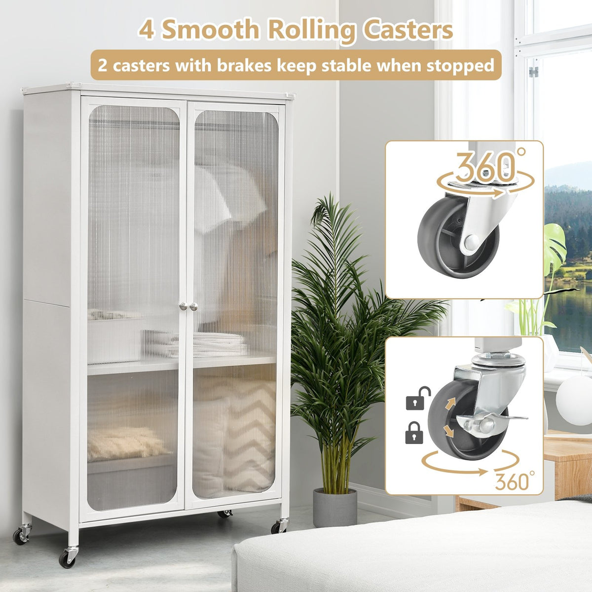 Rolling Storage Armoire Closet with Hanging Rod and Adjustable Shelf-White view 9