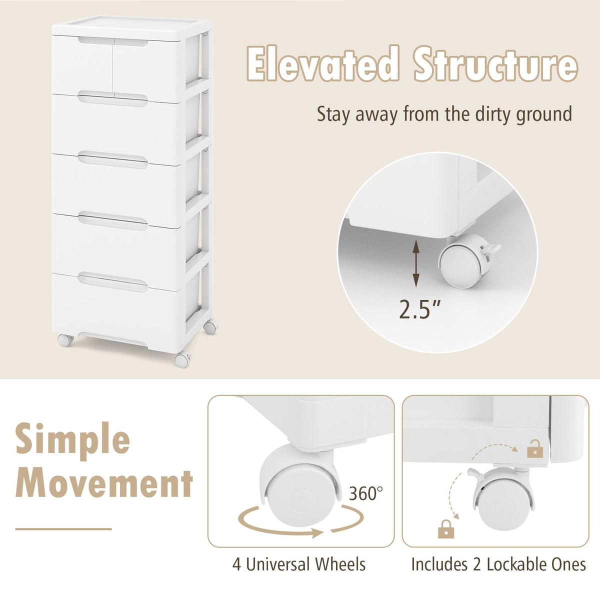 Rolling Storage Cabinet with Universal Wheels and 5/6/7 Drawers-6-Drawer view 8