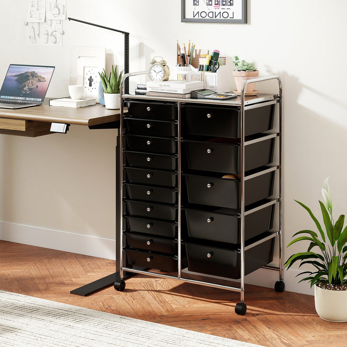 Rolling Storage Cart 15-Drawer Trolley with Chrome Plated Metal Frame-Black view 2