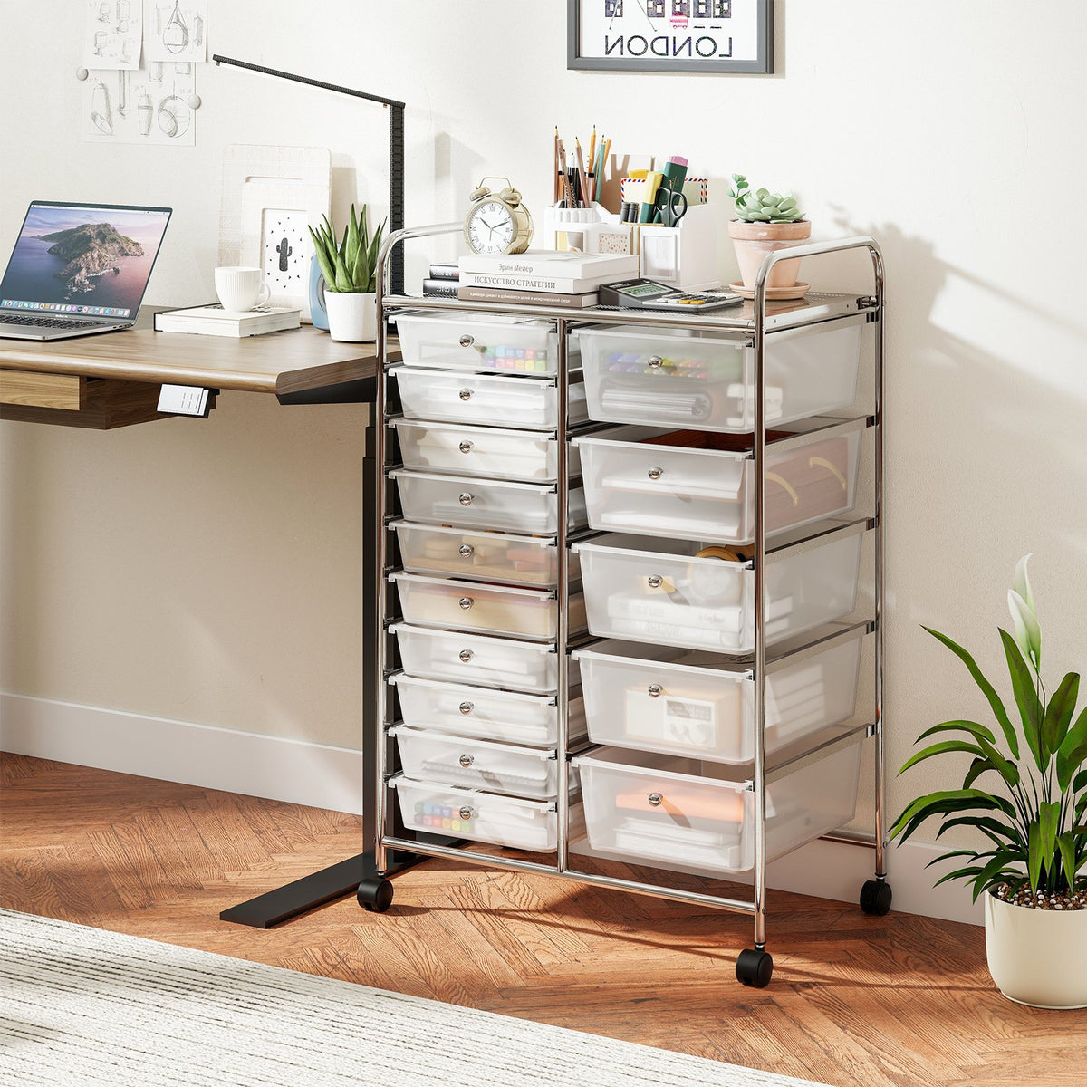 Rolling Storage Cart 15-Drawer Trolley with Chrome Plated Metal Frame-Transparent view 2