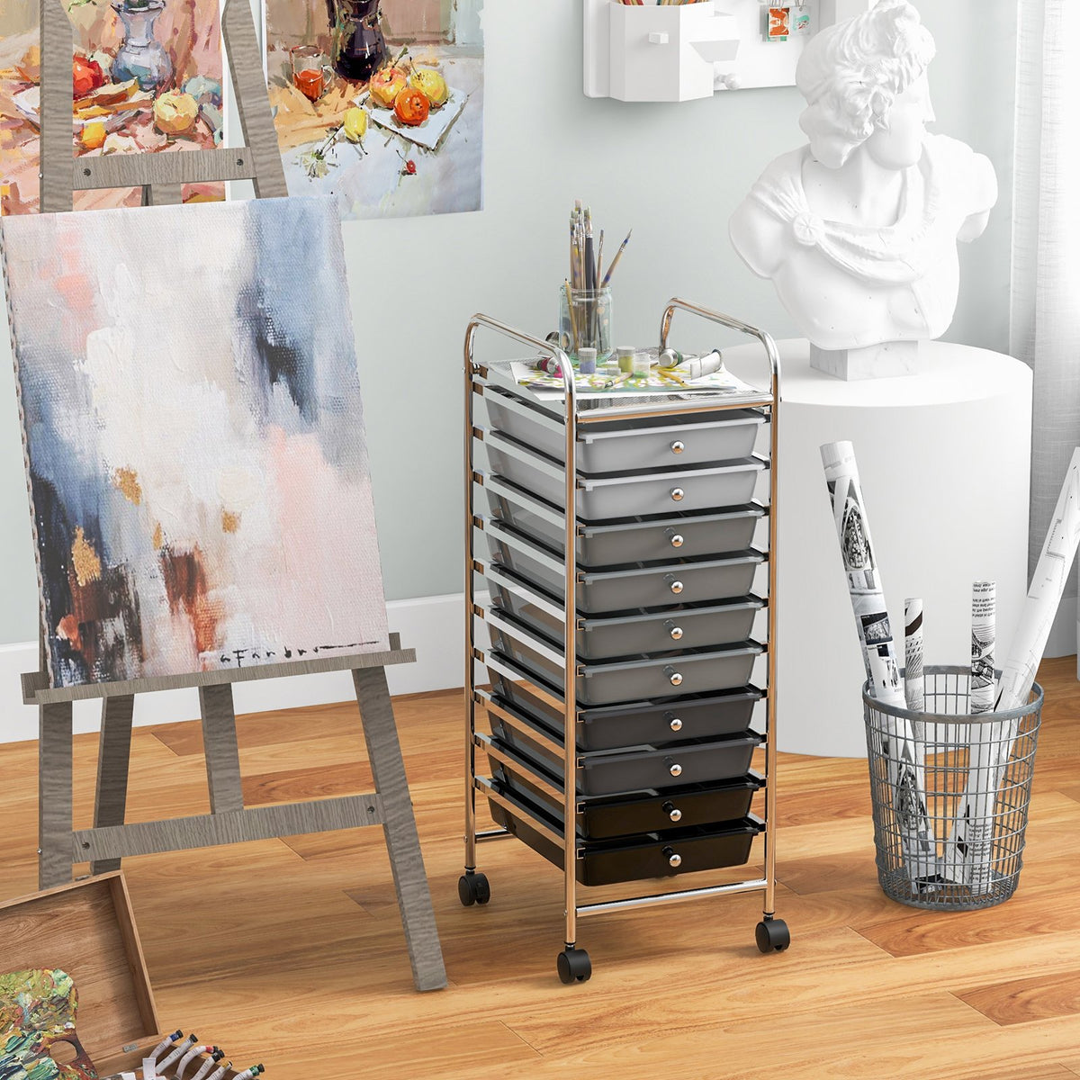 10 Drawer Rolling Storage Cart Organizer with 4 Universal Casters-Gradient Gray view 3