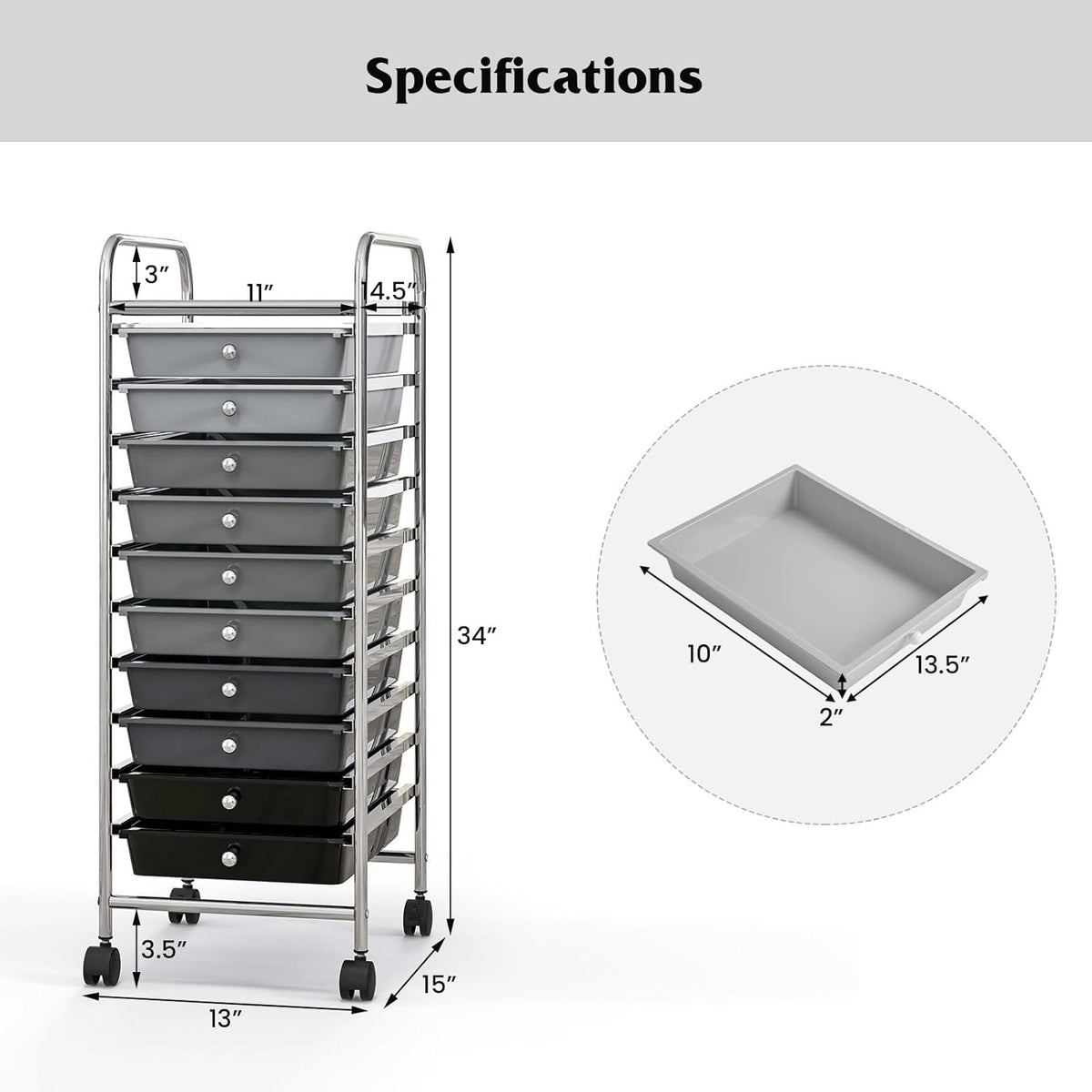 10 Drawer Rolling Storage Cart Organizer with 4 Universal Casters-Gradient Gray view 5