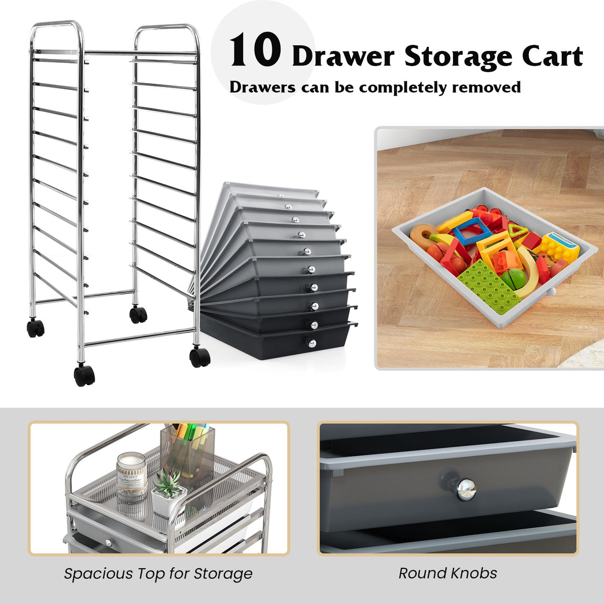 10 Drawer Rolling Storage Cart Organizer with 4 Universal Casters-Gradient Gray view 6