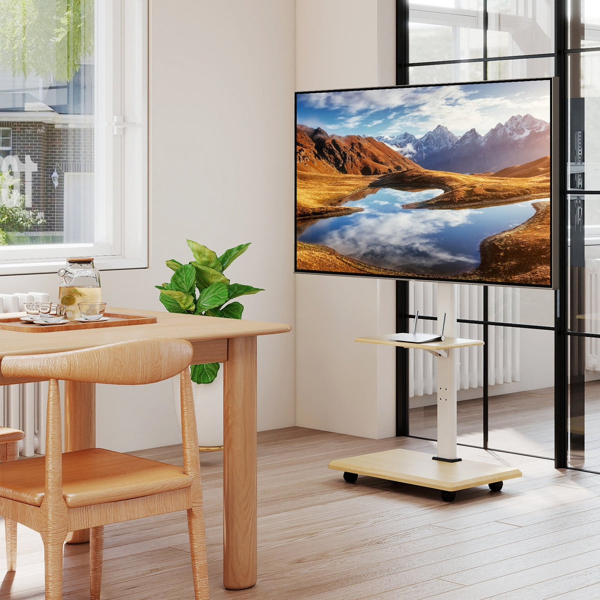 Rolling TV Stand on Wheels Mobile TV Cart for 32-75 Inch TVs Portable AV Cart-Natural view 2