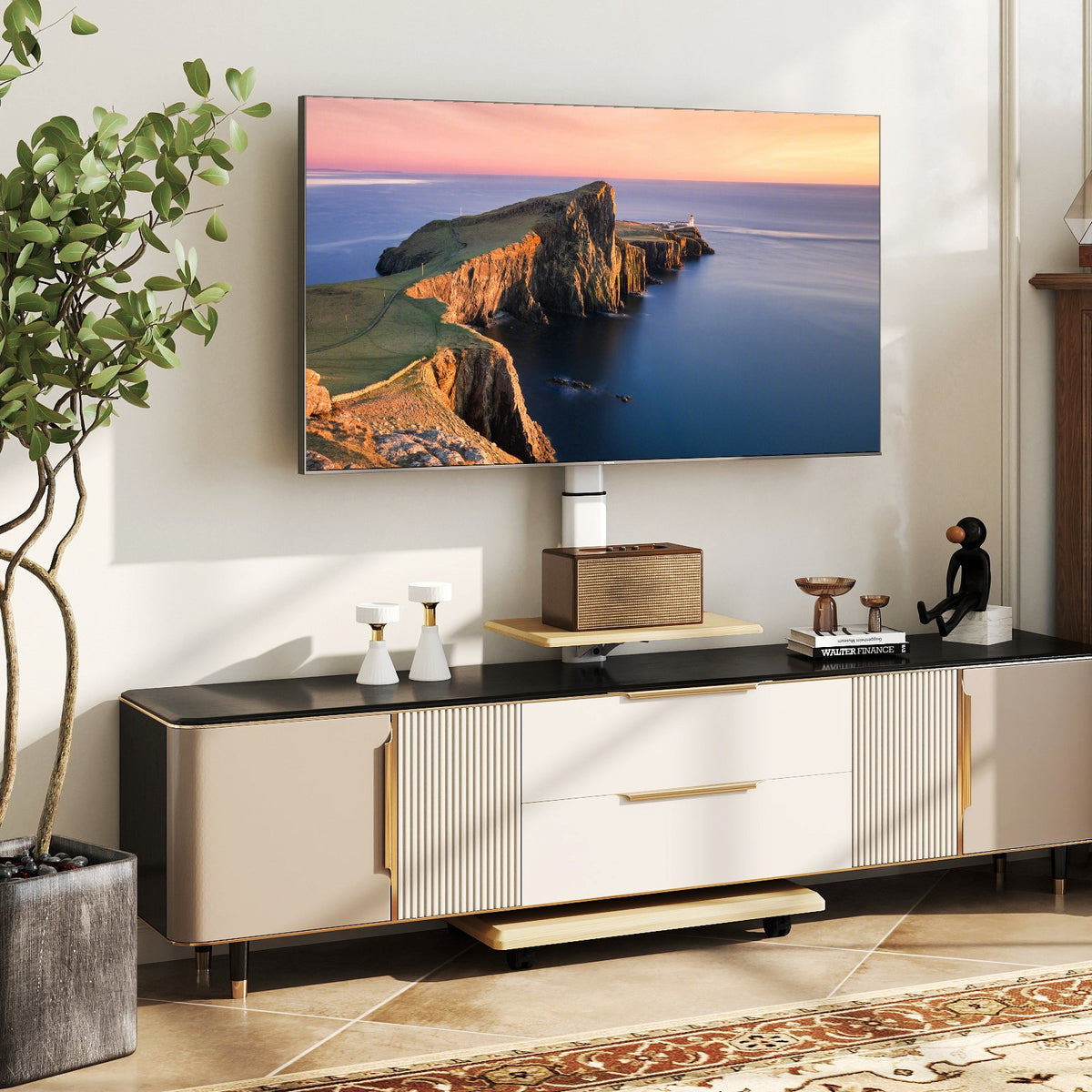 Rolling TV Stand on Wheels Mobile TV Cart for 32-75 Inch TVs Portable AV Cart-Natural view 3