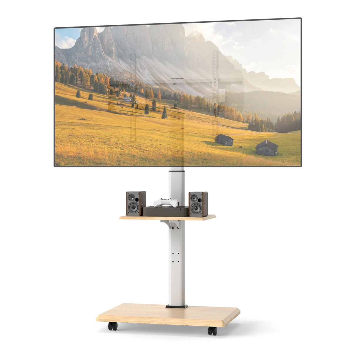 Rolling TV Stand on Wheels Mobile TV Cart for 32-75 Inch TVs Portable AV Cart-Natural view 4