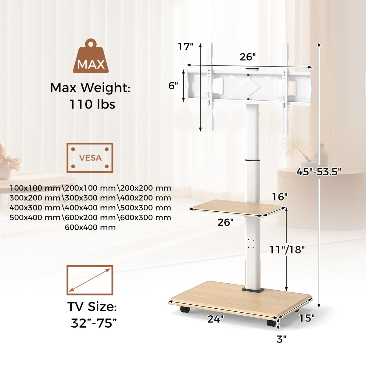 Rolling TV Stand on Wheels Mobile TV Cart for 32-75 Inch TVs Portable AV Cart-Natural view 5