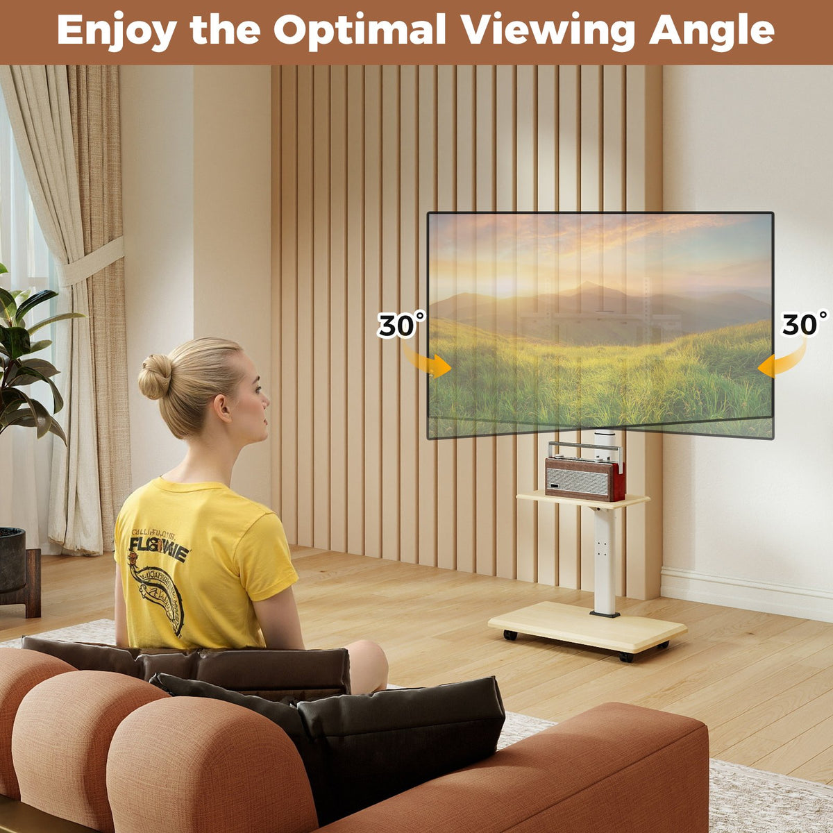 Rolling TV Stand on Wheels Mobile TV Cart for 32-75 Inch TVs Portable AV Cart-Natural view 7