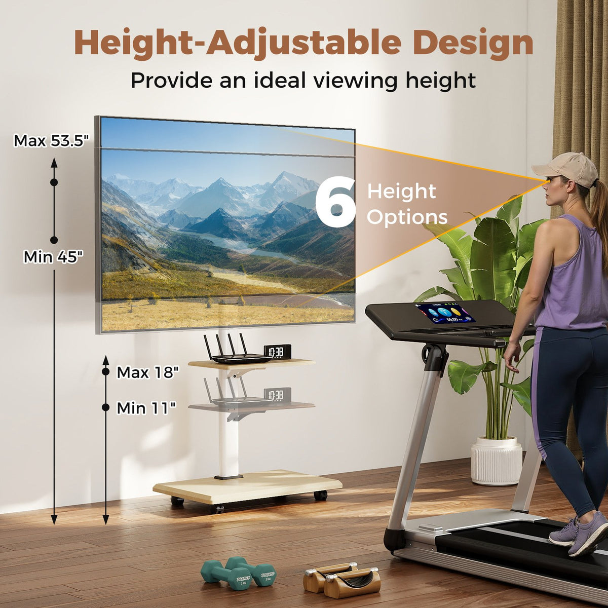 Rolling TV Stand on Wheels Mobile TV Cart for 32-75 Inch TVs Portable AV Cart-Natural view 8