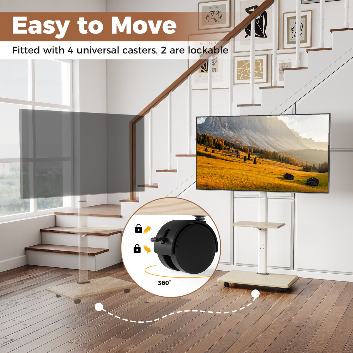 Rolling TV Stand on Wheels Mobile TV Cart for 32-75 Inch TVs Portable AV Cart-Natural view 9