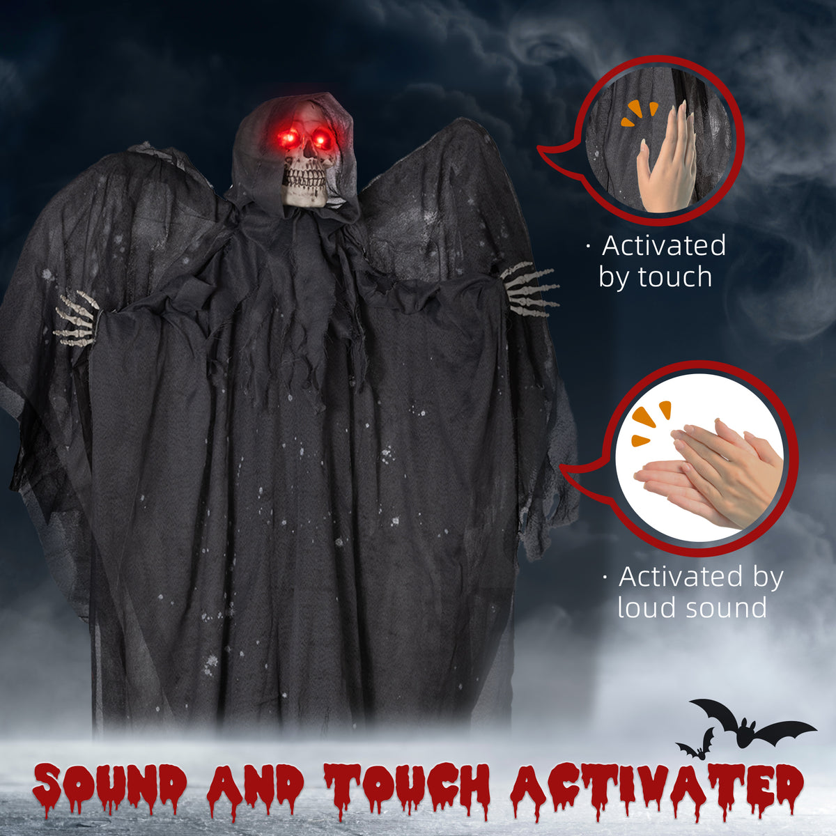 6.4' Life Size Winged Grim Reaper Outdoor Halloween Decoration Animatronic, Animated Prop w/ Light Up Eyes
