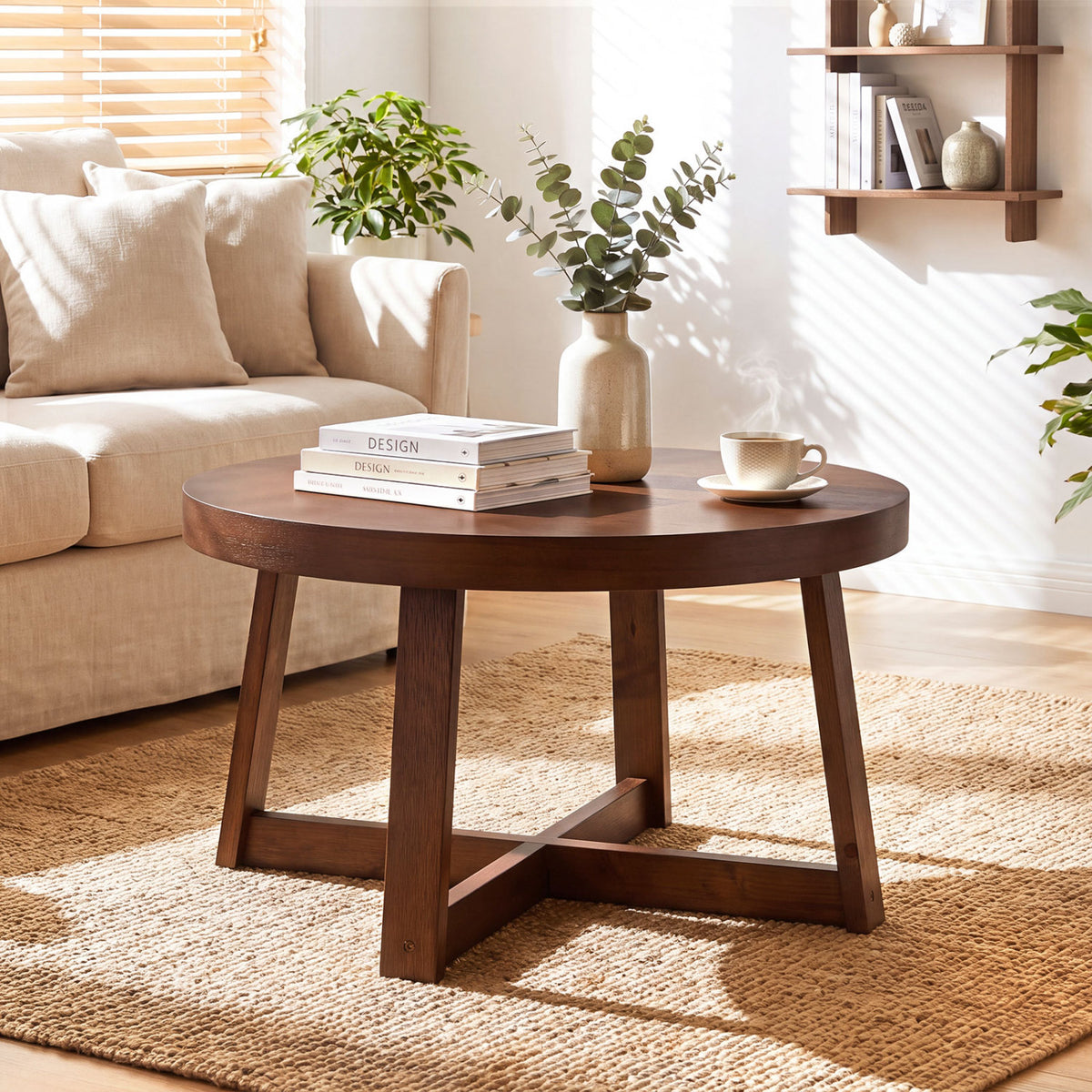Round Coffee Table for Living Room 30 inch Farmhouse Accent Table with Study Rubber Wood Legs-Walnut view 2