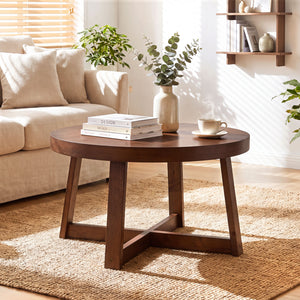 Round Coffee Table for Living Room 30 inch Farmhouse Accent Table with Study Rubber Wood Legs-Walnut view 2