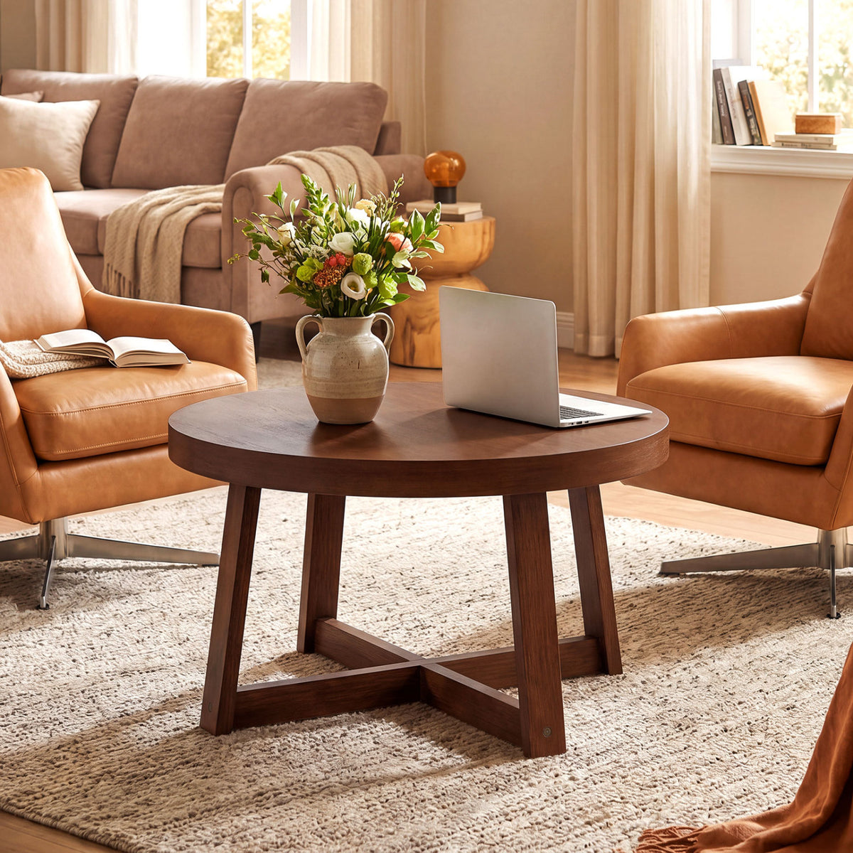 Round Coffee Table for Living Room 30 inch Farmhouse Accent Table with Study Rubber Wood Legs-Walnut view 3