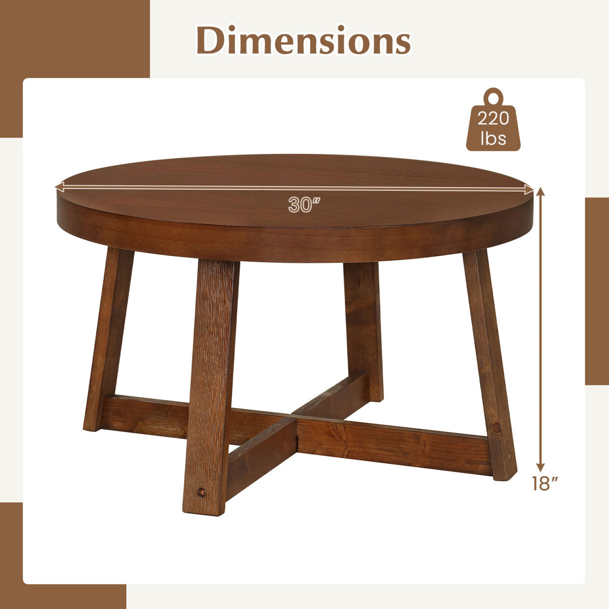 Round Coffee Table for Living Room 30 inch Farmhouse Accent Table with Study Rubber Wood Legs-Walnut view 5