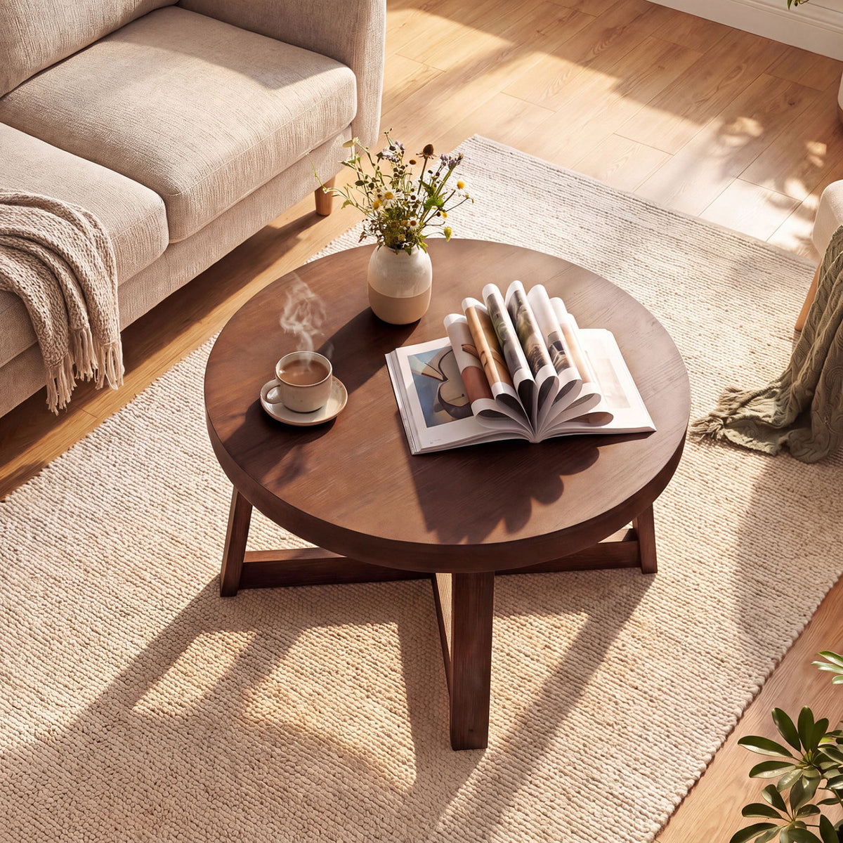 Round Coffee Table for Living Room 30 inch Farmhouse Accent Table with Study Rubber Wood Legs-Walnut view 6