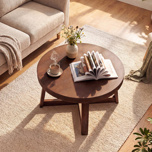 Round Coffee Table for Living Room 30 inch Farmhouse Accent Table with Study Rubber Wood Legs-Walnut view 6