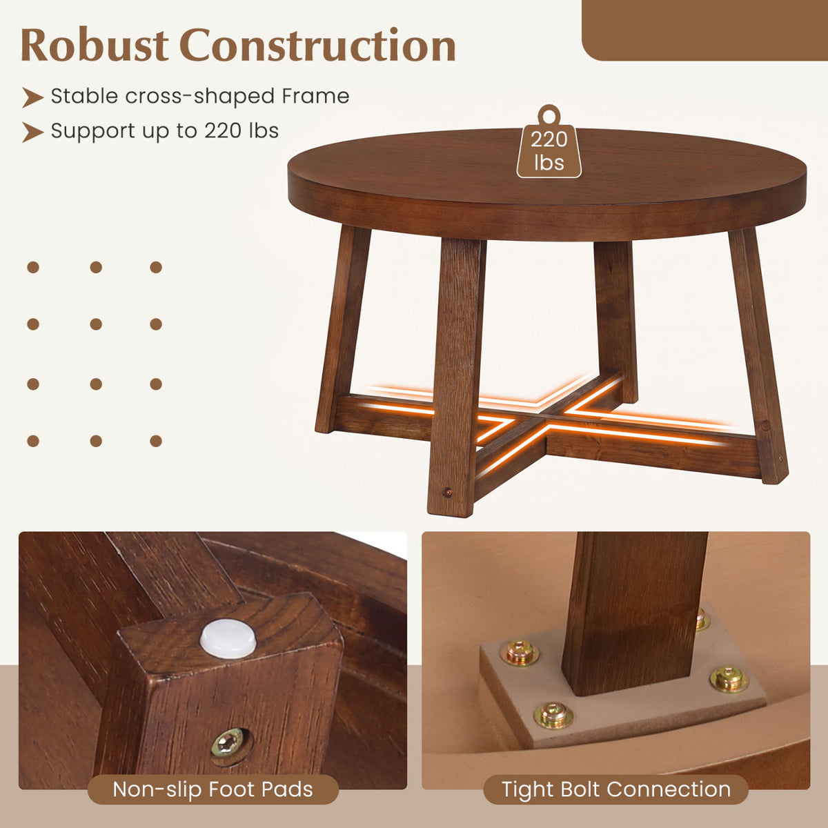 Round Coffee Table for Living Room 30 inch Farmhouse Accent Table with Study Rubber Wood Legs-Walnut view 7