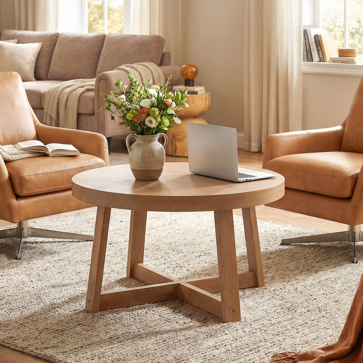 Round Coffee Table for Living Room 30 inch Farmhouse Accent Table with Study Rubber Wood Legs-Yellow view 2