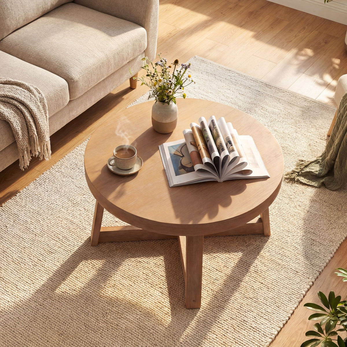 Round Coffee Table for Living Room 30 inch Farmhouse Accent Table with Study Rubber Wood Legs-Yellow view 3
