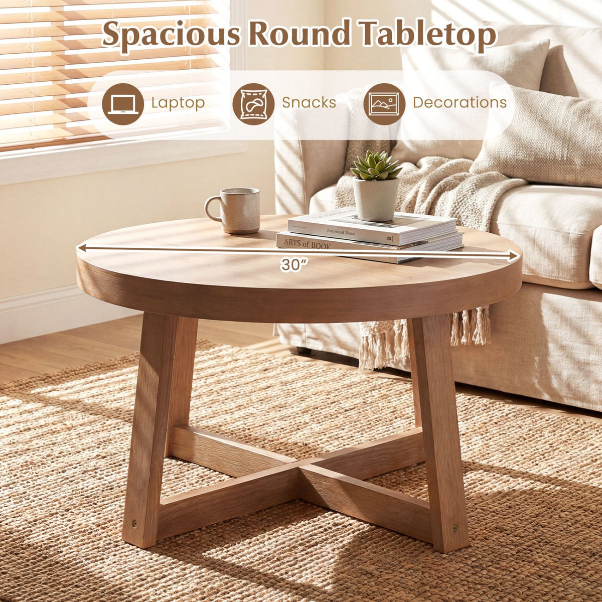 Round Coffee Table for Living Room 30 inch Farmhouse Accent Table with Study Rubber Wood Legs-Yellow view 6