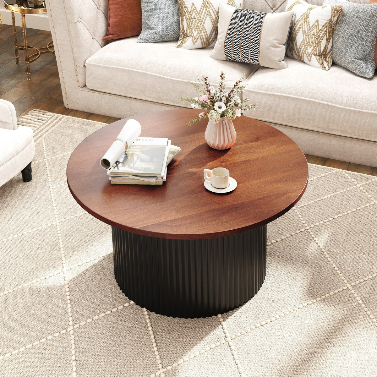 Round Coffee Table with Solid Wood Frame and Wooden Top-Walnut view 5