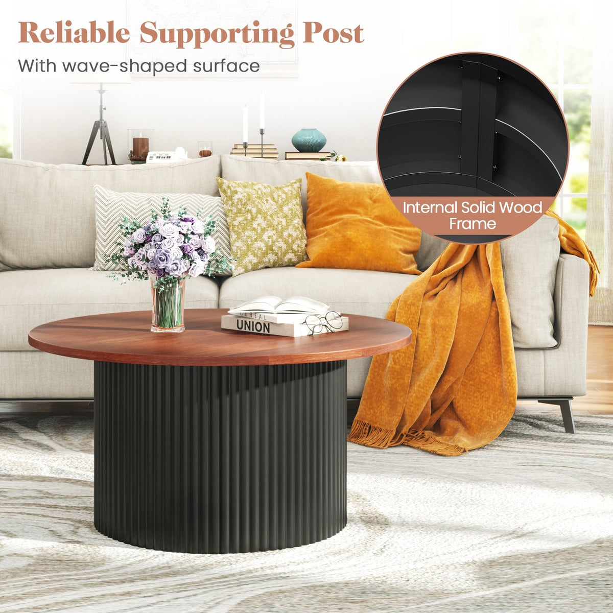Round Coffee Table with Solid Wood Frame and Wooden Top-Walnut view 7